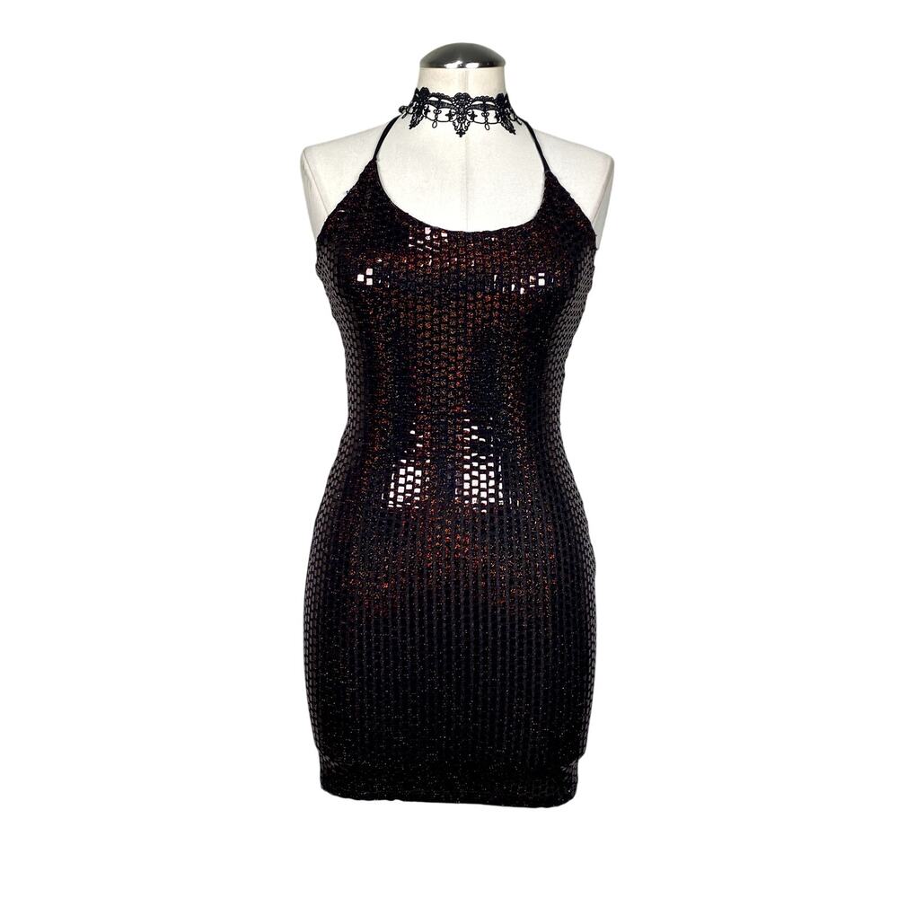 Vtg Sabora 90's Glam Gothic Lace Up Back Shimmer Sequin Club Mini Bodycon Dress